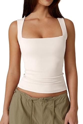 QINSEN Women's Square Neck Sleeveless Double-Layer Tank Tops Basic Tight T Shirts - Small - Beige - Image 1