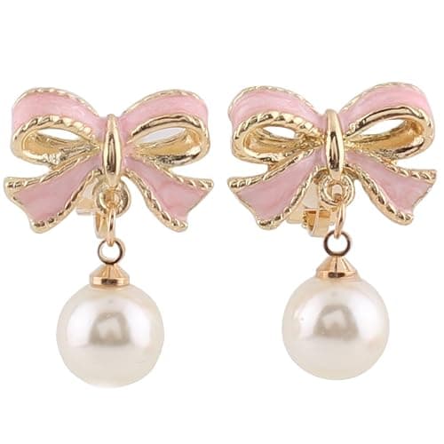 GRACE JUN Pink Bowknot Shape Clip on Earrings Without Piercing for Women Pearl Drop Earrings(Pink Bowknot Clip-ons) - Image 1