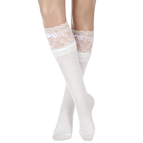 Neyauo White Knee High Socks Bow Ruffle Lolita Socks Long Sock with Bows Kawaii Lace Top Thin Sock for Women - Image 1