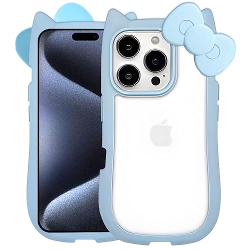 OTTARTAKS Compatible with iPhone 16 Pro Case Cute 3D Bow for Women Girls, Kawii Cat Ear Kitty Design Soft Silicone and Clear Hard Shockproof Blue Phone Case for iPhone 16 Pro 6.3inch - Blue - iPhone 16 Pro - Image 1