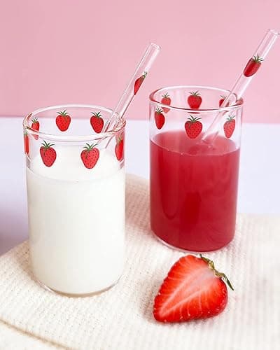 Kreapa strawberry cups 2 Sets Cute glass strawberry cups 300ML straw glass cups, Cute strawberrys pattern glass bottles for water milk tea, coffee juice tea cups (2pcs) - Image 1