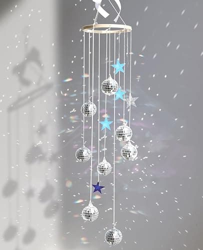 AceList Hanging Disco Ball Decor Suncatcher - 35" Boho Silver Wall Decor for Bedroom Aesthetic, 70s Retro Groovy Room Decoration, Shatterproof Sparkle Rainbow Maker with Stars, Unique Gifts - Image 1