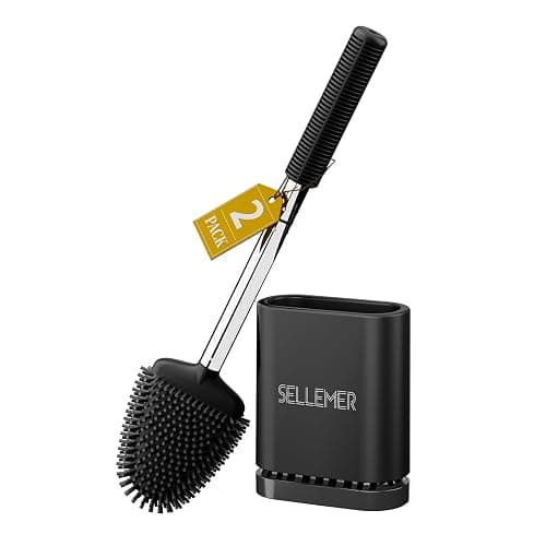 Sellemer Toilet Brush and Holder Set - Flexible Toilet Bowl Brush Head with Silicone Bristles, Compact Size for Storage and Organization, Ventilation Slots Base (2 Pack, Black) - Image 1