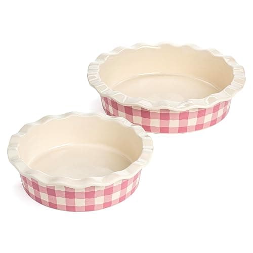 Paris Hilton Ceramic Pie Dish Set, 7-Inch and 9-Inch Stoneware Baking Dishes with Fluted Rim and Gingham Design, Oven Safe up to 450°F, 2-Piece, Pink - Image 1