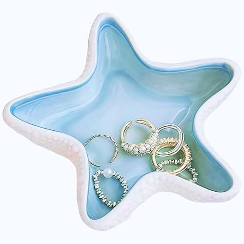 Starfish Ceramic Jewelry Tray, Ocean Themed Trinket Holder for Jewelry Storage, Beachy StDecorative Trinket Ring Dish, Suitable for Mother Friend Sister, Gifts for Women, Home Decor(Sea Blue) - Image 1