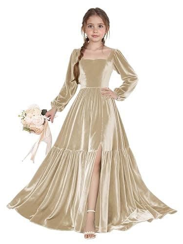 Chyrbaby Long Sleeve Velvet Junior Bridesmaid Dresses Girls Holiday Dresses with Slit Christmas Maxi Dress Formal Party Gown - Image 1