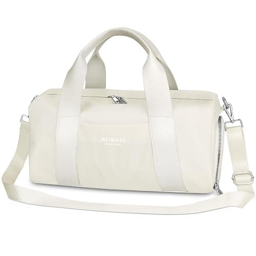 PHSYNI Compact Sports Gym Bag for Women, Cute Mini Duffle Bag with Wet Pocket & Shoes Compartment, Personal Item Travel Workout Bag, 16"-Small, Beige - Image 1
