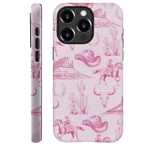 DAIZAG Case Compatible with for iPhone 14 Pro Max,Vintage Pink Cowboy Hat Horses Cacti Phone Case for iPhone 14 Pro Max for Girl Women Boy Men - Vintage Pink Cowboy Hat Horses Cacti - iPhone 14 Pro Max - Image 1