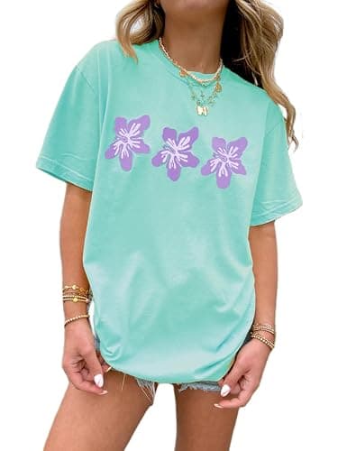 Oversized Graphic Shirt for Teens Girl Y2K Ocean Floral Short Sleeve Baggy Tee Shirts Vintage Aesthetic Coastal Tops - Image 1