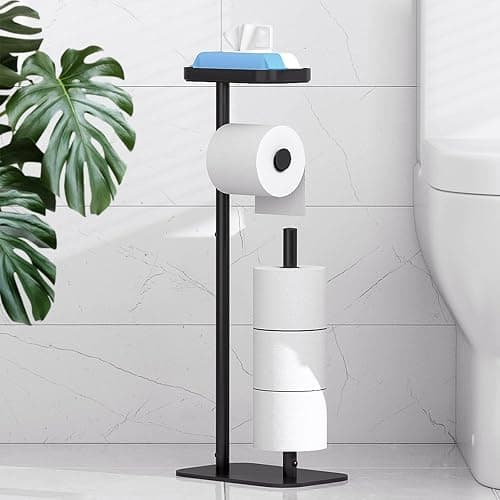 Kitsure Toilet Paper Holder Free Standing – Rustproof Metal Toilet Paper Stand for 4 Rolls with Anti-Slip Base and Shelf for Phone & Small Items, Bathroom Organizers and Storage, Black - Black - 1 - Image 1