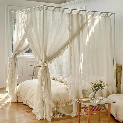 Mengersi Canopy Bed Curtains,Linen Bed Canopy Curtains 4 Corner Bed Drapes Canopy Curtains for Bedroom Decor (Ivory,Queen) - Image 1