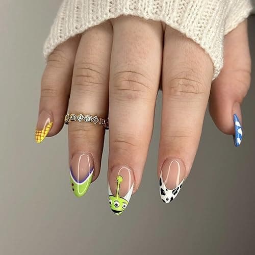 Halloween Press on Nails Almond Shape Fake Nails Green Acrylic Nails French Tip False Nails Clouds Cow Pattern Design Cute Stick on Nail Full Cover Glossy Glue on Nail for Women Manicure - Image 1