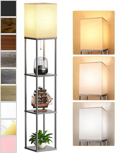 Floor Lamp with Shelves for Living Room, Shelf Floor Lamp with 3 CCT LED Bulb, Corner Display Standing Column Lamp Etagere Organizer Tower Nightstand with White Linen Shade for Bedroom, Dark Gray - Image 1
