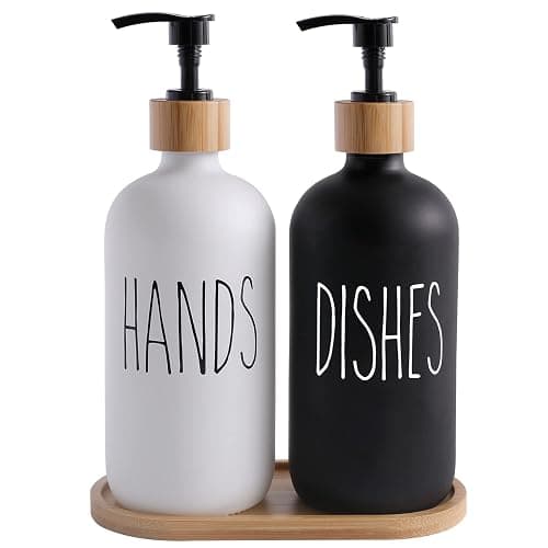 MOMEEMO Glass Soap Dispenser Set, Contains Hand Soap and Dish Soap Dispenser.Suitable for Kitchen Decor. (Black & White) - Image 1