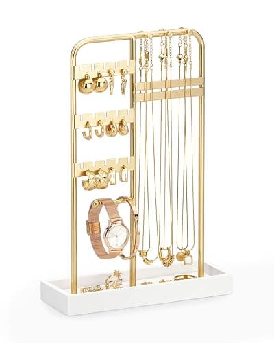ChuStory Jewelry Holder Organizer, Gold Jewelry Stand, Jewelry Stand Organizer, Room Decor Gift for Women/Teen Girl (Gold+White) - Image 1