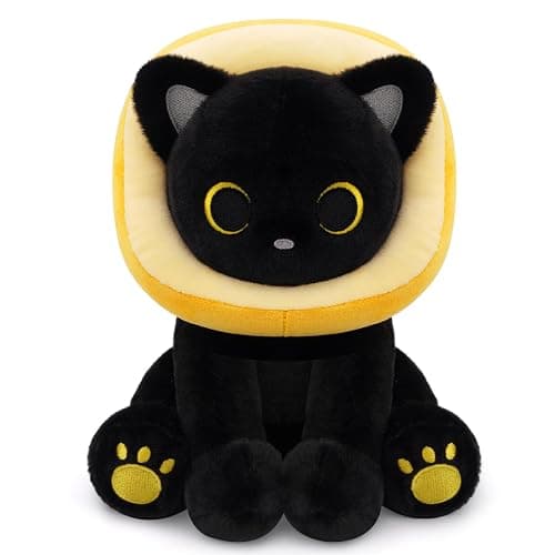 Hagusahuo Black Cat Plush 8inches Cat Stuffed Animal with Toast Bread Hood Removable, Cute Plushie Soft Kitten Doll Pillow Toy for Kids Boys Girls, Christmas Birthday Gifts - Image 1