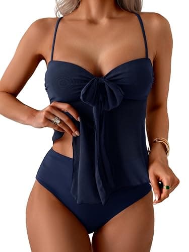 B2prity Mesh Tankini Swimsuit for Women Tummy Control Two Piece Bathing Suit Flowy Swim Top with Full Coverage Bottom - Image 1