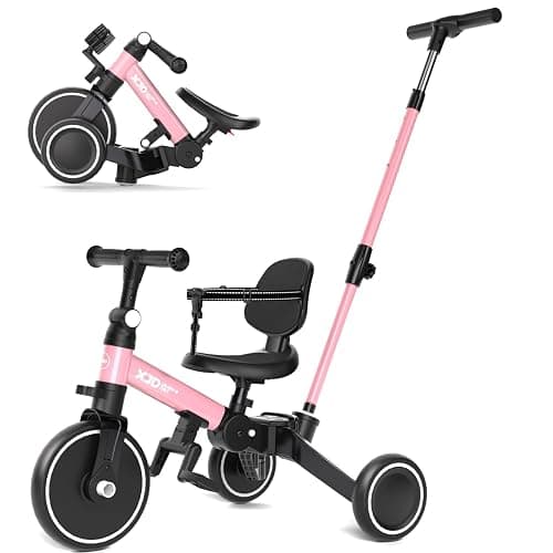 XJD Toddler Bike, 6 in 1 Folding Toddler Tricycle for 1-4 Year Old with Parental Control Handle, Balance Bike with Removable Pedal, Backrest, Adjustable Seat, First Christmas Birthday Gifts (Pink) - Image 1