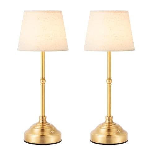 keysays 2 Pack Cordless Table Lamp, Rechargeable Desk Lamp with Fabric Shade, Battery Operated 3 Color Stepless Dimming, Small Touch Bedside Lamp Home Decor for Dining, Counter(Brushed Gold) - Image 1