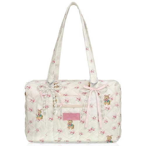 Yeyeplum Pink Coquette Bag White Floral Handbag Kawaii Handbag Coquette Bow Quilted Duffle Bag for Women Shoulder Purse with Bow Pearl Keychain for Christmas Gifts Business Travel Trip - Image 1