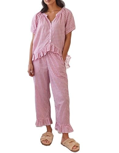 Argeousgor Women Plaid 2 Piece Pajama Set Button Down Puff Sleeve Babydoll Shirt Gingham Pants Pj Lounge Set Sleepwear - Image 1