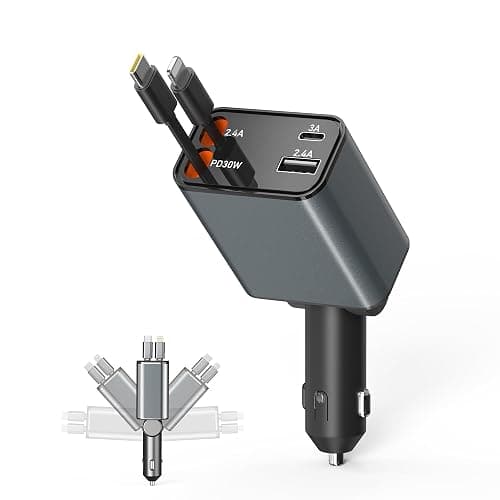 TESSAN Retractable Car Charger 69W, 4 in 1 USB C Car Apater with 31.5" Cord & 180° Rotating Plug Fast Charging for iPhone 16/15/14/13/12, Tablet, Earphone, Automobile Accessories, Gray - Image 1