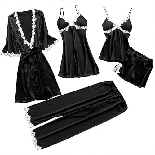 Women's 5 Piece Sleepwear Floral Lace Satin Cami Pajama Set Silk Dress Nightgown with Robe Loungewear Nightwear Sets - Image 1
