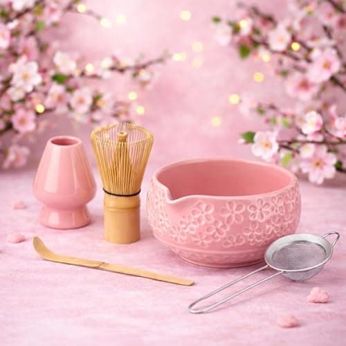 Marce Matcha Whisk Set- Matcha Set includes Matcha Whisk and Bowl with Spout, Sifter, Holder and Scoop- The Perfect Bamboo Whisk for Matcha Tea (Pink Flowers) - Image 1