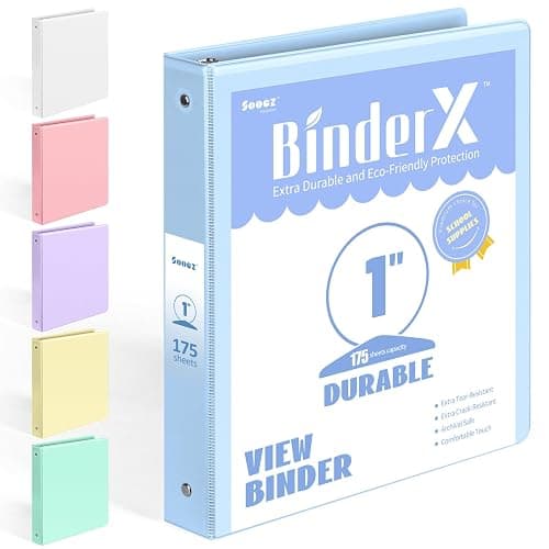 BinderX Extra Durable 3 Ring Binder, Round Ring 1 Inch Binders, Fits 175 Sheets of 8.5x11 Paper, Customizable View Cover with Inside Pockets, Cute 1" Binder, School Supplies for Girls, Blue - Image 1