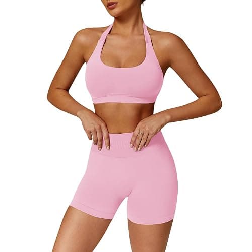 Seamless Workout Sets for Women 2 Piece Halter Backless Sports Bras Hidden Scrunch Shorts Yoga Outfits Gym Tracksuit - Image 1