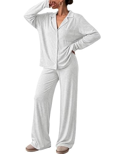 Trendy Queen Women Pajamas Set Sleepwear Fall 2 Piece Soft Lounge Pjs | Button Down Pajamas,Long Sleeve Top and Wide Leg Pants,Soft Loungewear,Button Up,Fall Fashion Clothes 2026 - Image 1