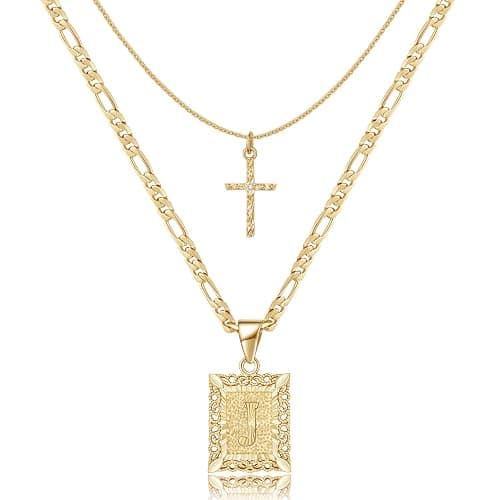 KELORIS PATH Gold Layered Initial Cross Necklace, 14K Gold Plated Layering Square Letter Pendant Figaro Chain Cross Choker from A-Z Capital Jewelry for Women Girls - Image 1