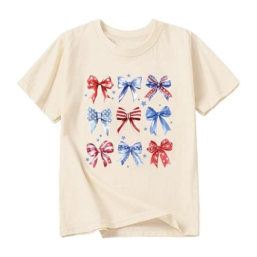 Goengmo Toddler Girl American Flag Shirt 4th of July Tshirt Cotton Short Sleeve Tees 2-12 Years - Bow Apricot - 11-12 Years - Image 1