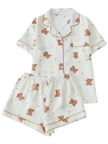 Verdusa Women's 2 Piece Pajama Sets Lightweight Fall Pajamas Cute Pj Set Button Shirt with Shorts Lounge Pjs - Image 1