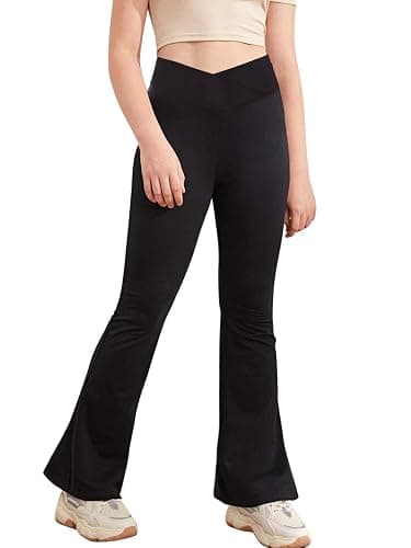 Girl's Leggings Cross High Waisted Flare Pants Yoga Bootcut Pants Solid Color Full Length Bell Bottoms - 5-6 Years - Black - Image 1