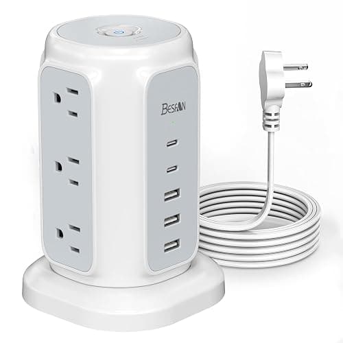 BESFAN Power Strip Tower, 1625W Surge Protector with 9AC Outlets 5 USB Ports, 6.5 FT Extension Cord Charging Tower for Multiple Devices, for Office Supplies, Dorm Room Essentials for Girls, Guys - Image 1