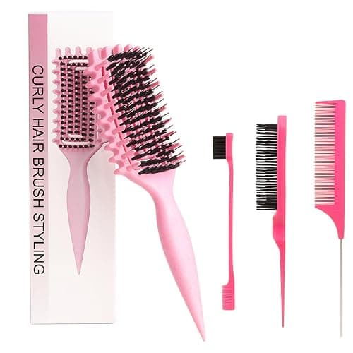 Curly Hair Brush,Curl Defining Brush plus 3 Pieces Hair Styling Comb Set(Slick Back Hair Brush,Rat Tail Comb,Edge Bristle Brush) Lightweight Vented for Combing, Shaping, Styling(Pink) - Image 1