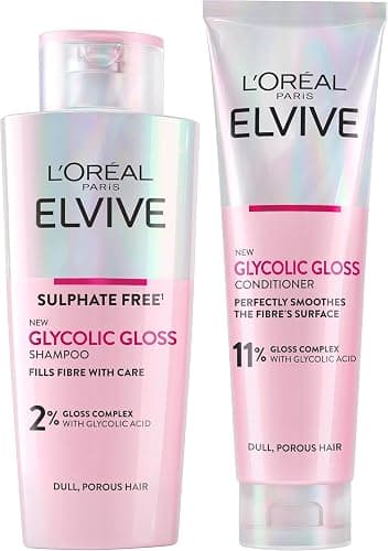 L'Oréal Paris Elvive Glycolic Gloss for Dull Porous Hair, Get The Shiniest Hair of Your Life, Glossing Routine for Mirror-Like Shine, Shampoo, Conditioner, Lamination Treatment, Leave-In Serum Set - Image 1