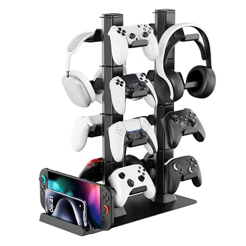 Headphone and Game Controller Desk Stand for PS5/ Xbox/ PS4 Controller, 4 Tiers Headset Hanger with Organizer for Switch 2/1/PS Portal Game Console, Multiple Controller Storage Dispay Rack-16 Hooks - Image 1