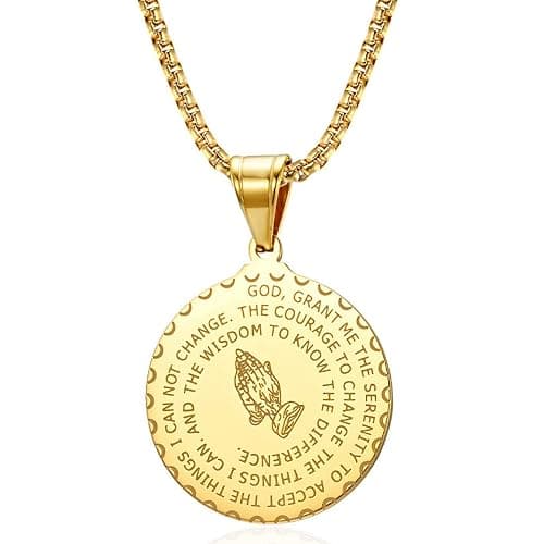Yaumatea Serenity Prayer Necklace with Praying Hands Coin Pendant for Men Women Lords Prayer Bible Verse Courage Wisdom Stainless Steel 24 inches - Image 1