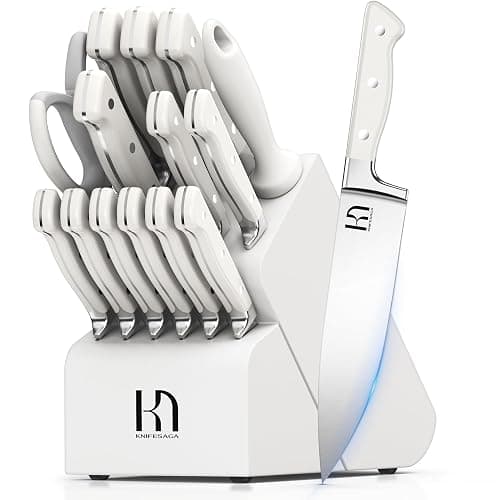 KnifeSaga Kitchen Knife Block Set, 15-Piece Enduring Ultra Sharp Knife Set, Japanese High Carbon Stainless Steel, Premium Forged Knives for Kitchen and Professional Chefs, White - Image 1