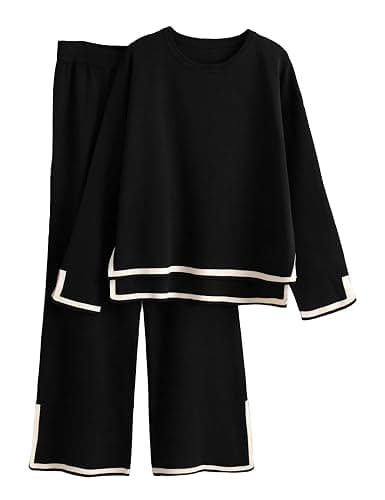 Tanming Women's 2 Piece Outfits Long Sleeve Knit Sweater Top Wide Leg Pants Lounge Sets Tracksuits - Image 1