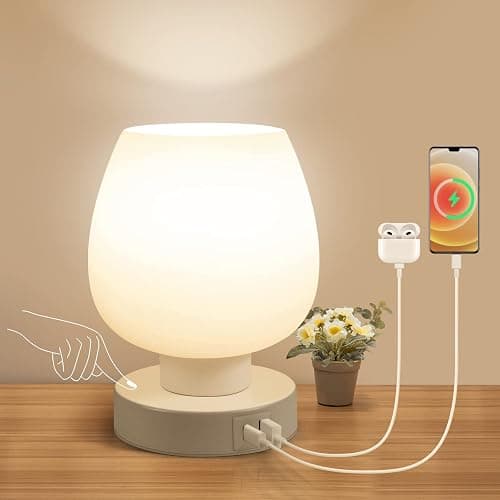 Touch Bedside Table Lamp - Small Lamp for Bedroom with USB C+A Charging Ports 3 Way Dimmable, Nightstand Desk lamp with White Opal Glass Lamp Shade Warm LED Bulb Included, Simple Design Gifts - Image 1