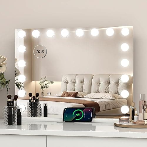 eklipt Schminkspiegel mit Beleuchtung 80 x 56 cm, Hollywood Spiegel mit LED Licht, 3 Farbtemperatur Licht, Touch Control, Tischplatte oder Wandhalterung (18led,80x12x62cm,weiß) - Image 1