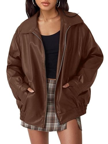 AUTOMET Womens Oversized Leather Jackets Faux Suede Fall Fashion Motorcycle Coats Winter Outfits Clothes Y2k Tops - Small - Caramel - Image 1