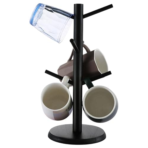 ASelected Mug Tree Coffee Cup Holder Black Bamboo Cup Holder Tree for Kitchen Tabletop Countertop Pantry Holds 6 Mugs - Image 1