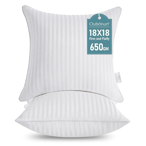 Oubonun 18 x 18 Throw Pillow Inserts, Firm and Fluffy Decorative Square Pillows for Couch Bed Sofa with Soft Cotton Cover White Cushion with Down Alternative Pack of 2 - Image 1