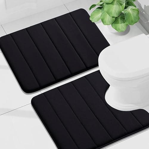 Buganda Bathroom Mat Set, 2 Piece Memory Foam Bath Mat and U-Shaped Toilet Rug, Machine Wash Dry, Soft Non Slip Absorbent Bath Rug for Bathroom, Shower and Tub (24" x 16"+24" x 20", Black) - Image 1