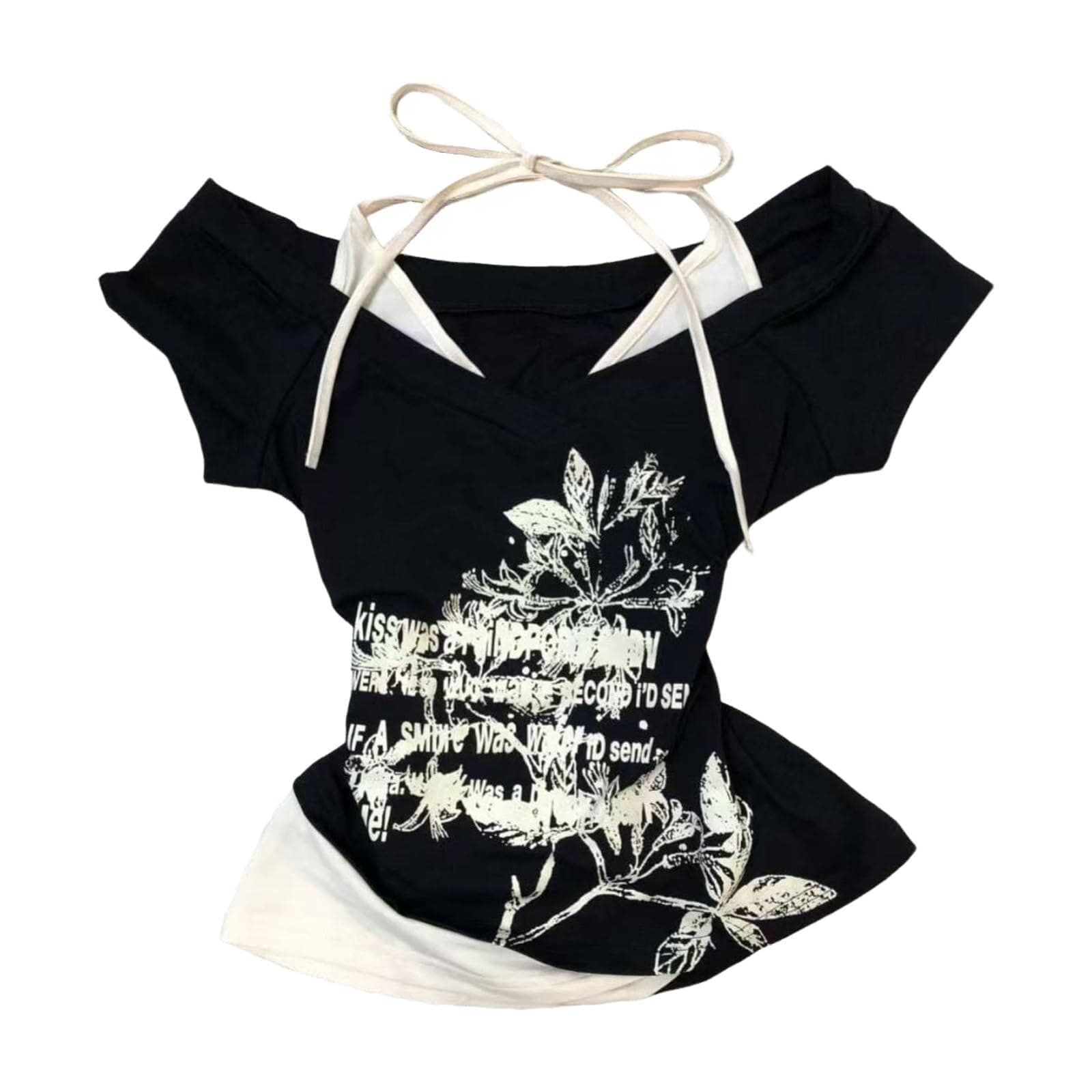 Women Y2k Emo Grunge Graphic Baby Tees Fake Two Piece Short Sleeve Vintage Crop Top 2000s Goth Alt Clothing Streetwear - Image 1