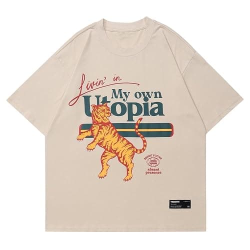 Aelfric Eden Mens Oversized T Shirts Tees Tiger Graphic Tee Print Cotton Tops Streetwear Casual Shirt - Apricot - Medium - Image 1